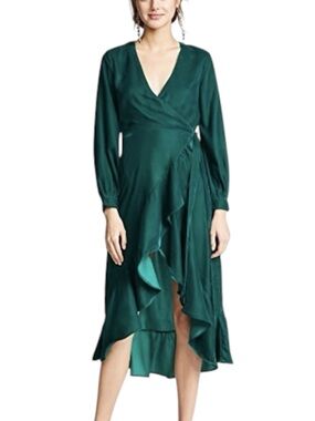 Teal Green Velvet Ruffle Wrap Midi Dress